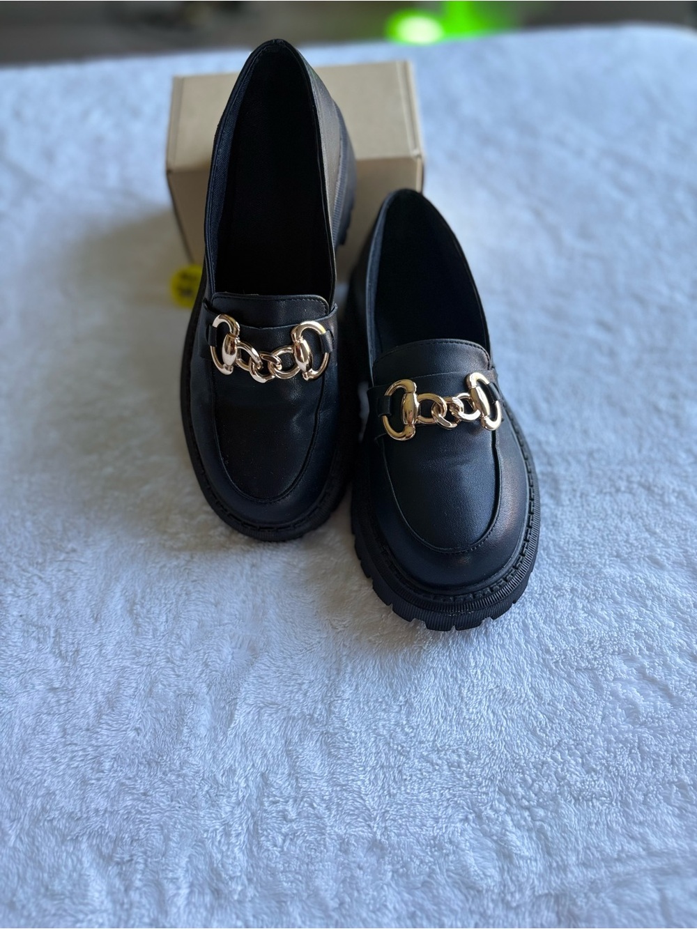SHEIN Black Loafers with Gold Chain Hardware